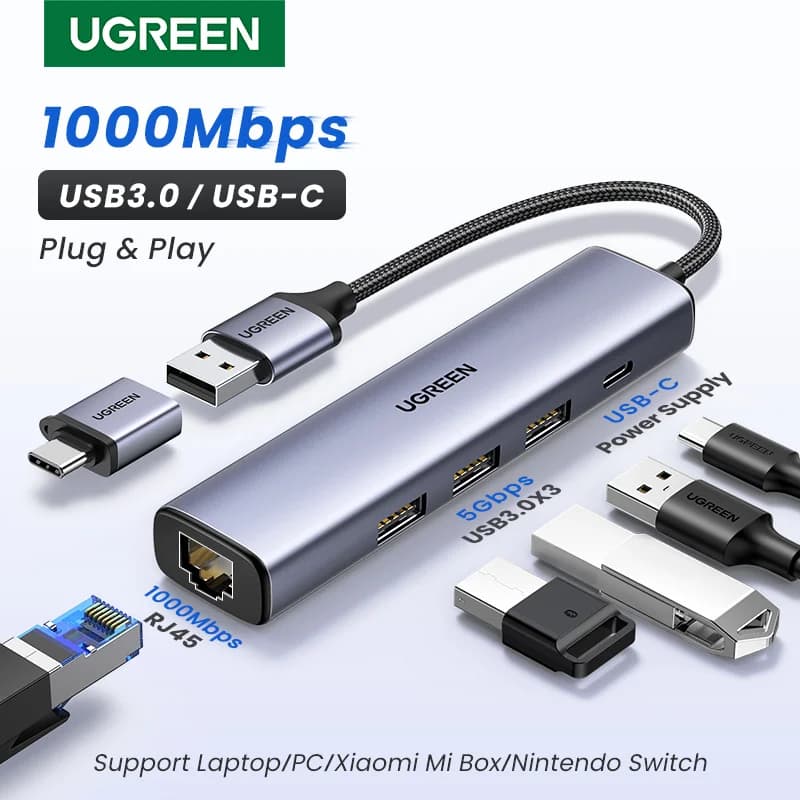 Адаптер Ethernet USB-C со скоростью 1000Mbps, RJ45 и USB-хабом
