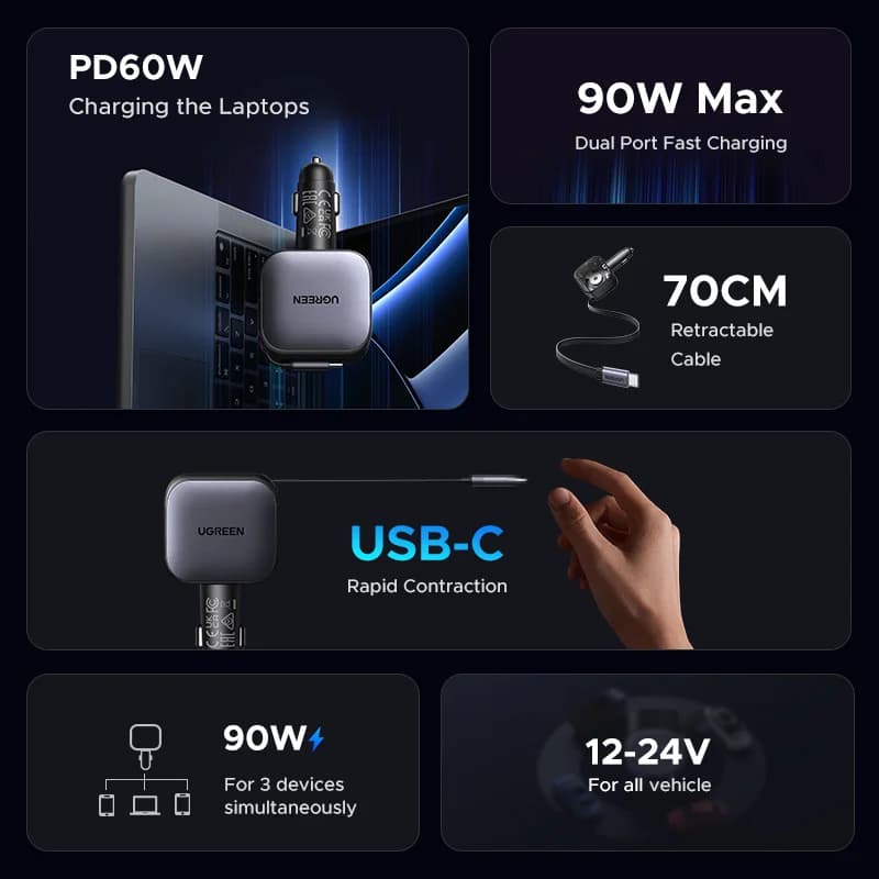 Автомобильное зарядное устройство USB-C 145W со встроенным кабелем