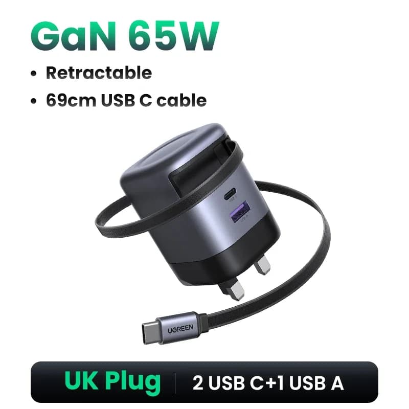 Зарядное устройство GaN 65 Вт с втягиваемым кабелем USB-C