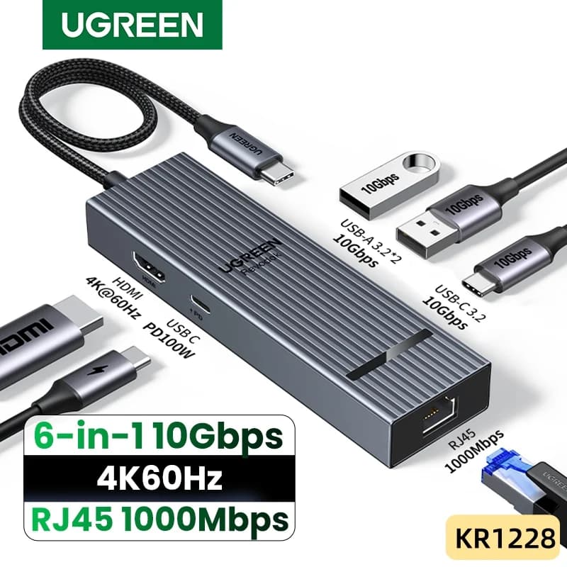 USB-C хаб 6-в-1, HDMI 4K, Gigabit Ethernet, PD 100 Вт